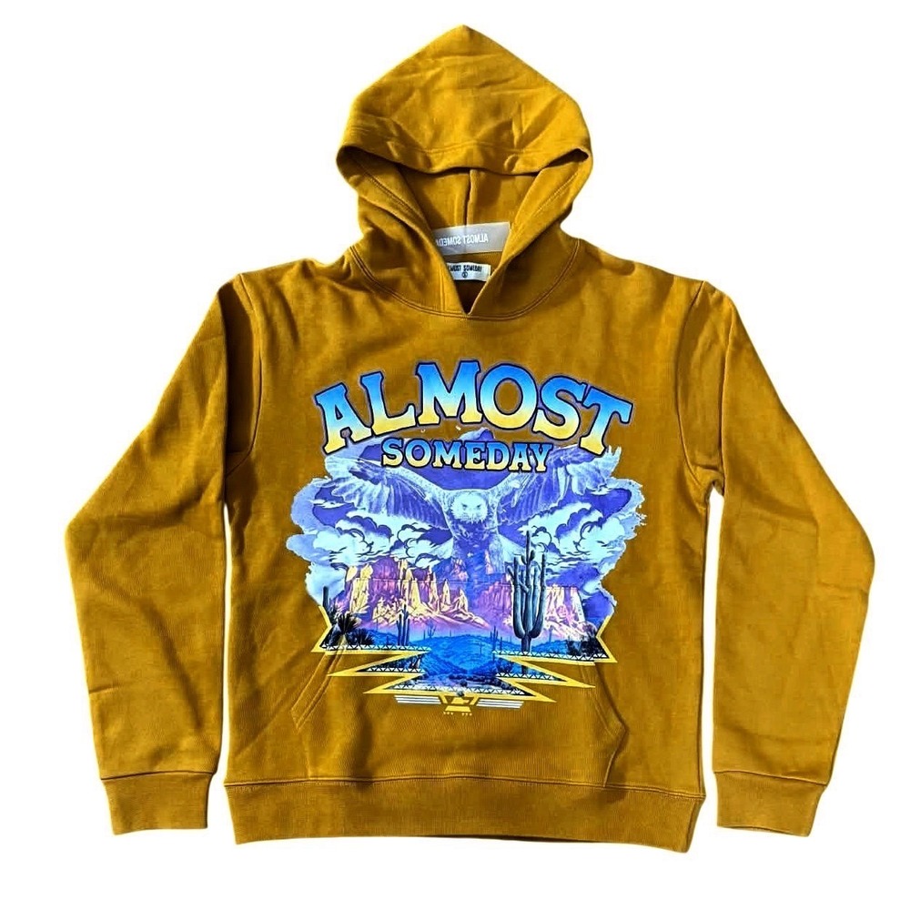 Almost Someday Men Graphic Hoodie Mustard Yellow Owl Desert Print‎ Size S